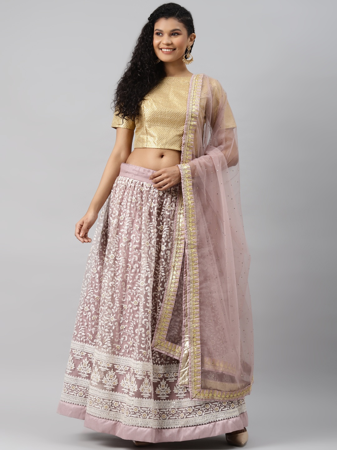 

Readiprint Fashions Pink & Gold-Toned Embellished Semi-Stitched Lehenga & Unstitched Blouse with Dupatta