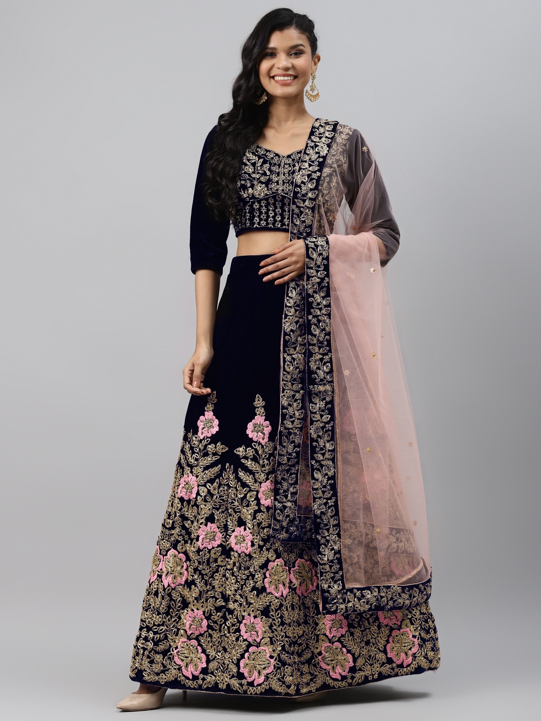 

Readiprint Fashions Navy Blue & Gold-Toned Embroidered Semi-Stitched Lehenga & Unstitched Blouse with Dupatta