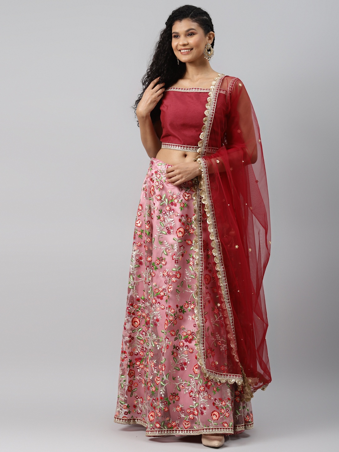 

Readiprint Fashions Pink & Maroon Solid Semi-Stitched Lehenga & Unstitched Blouse with Dupatta