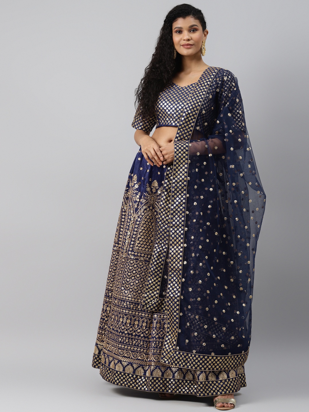 

Readiprint Fashions Navy Blue & Golden Semi-Stitched Lehenga & Blouse with Dupatta