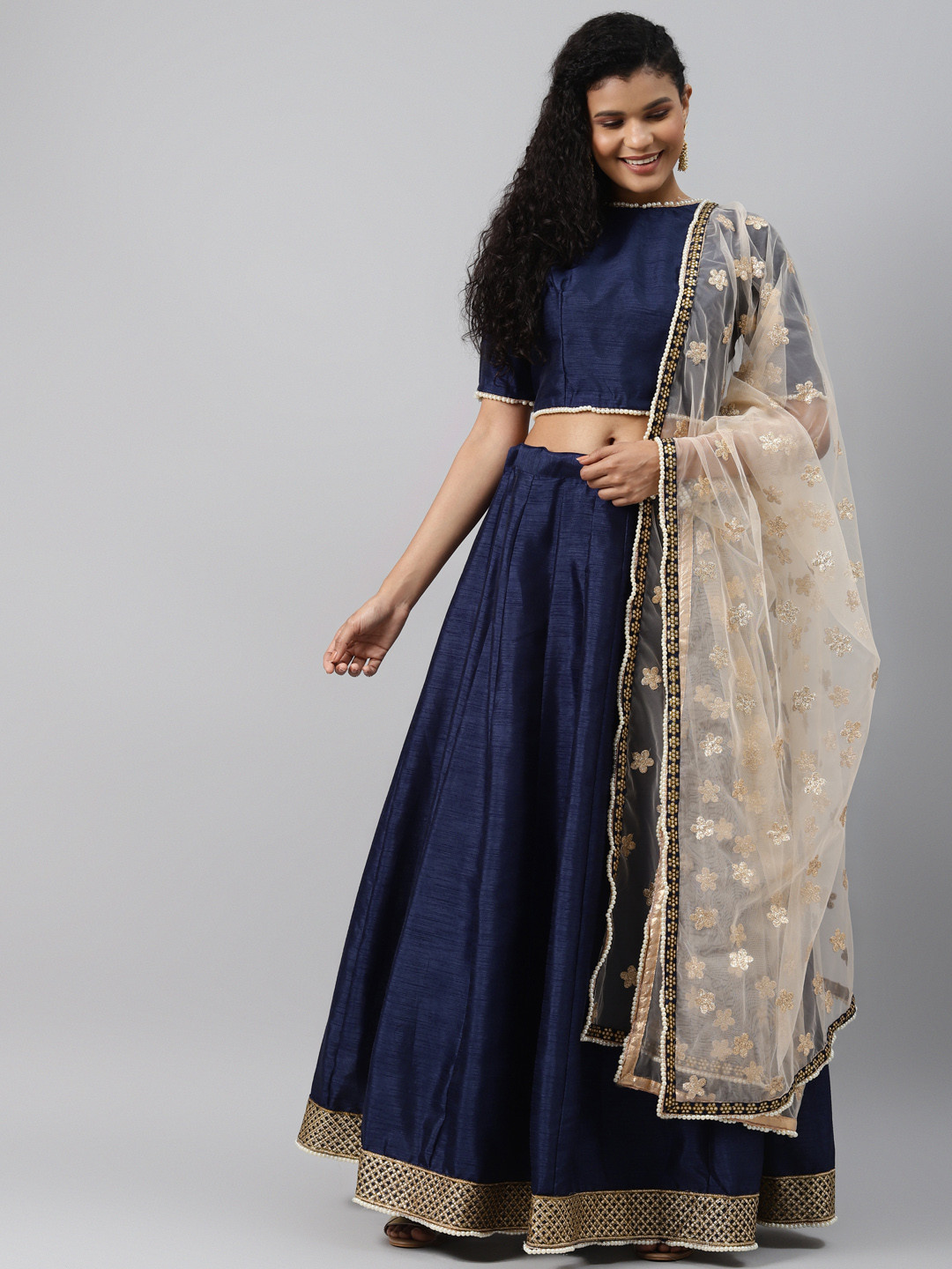 

Readiprint Fashions Navy Blue Semi-Stitched Lehenga & Blouse with Dupatta