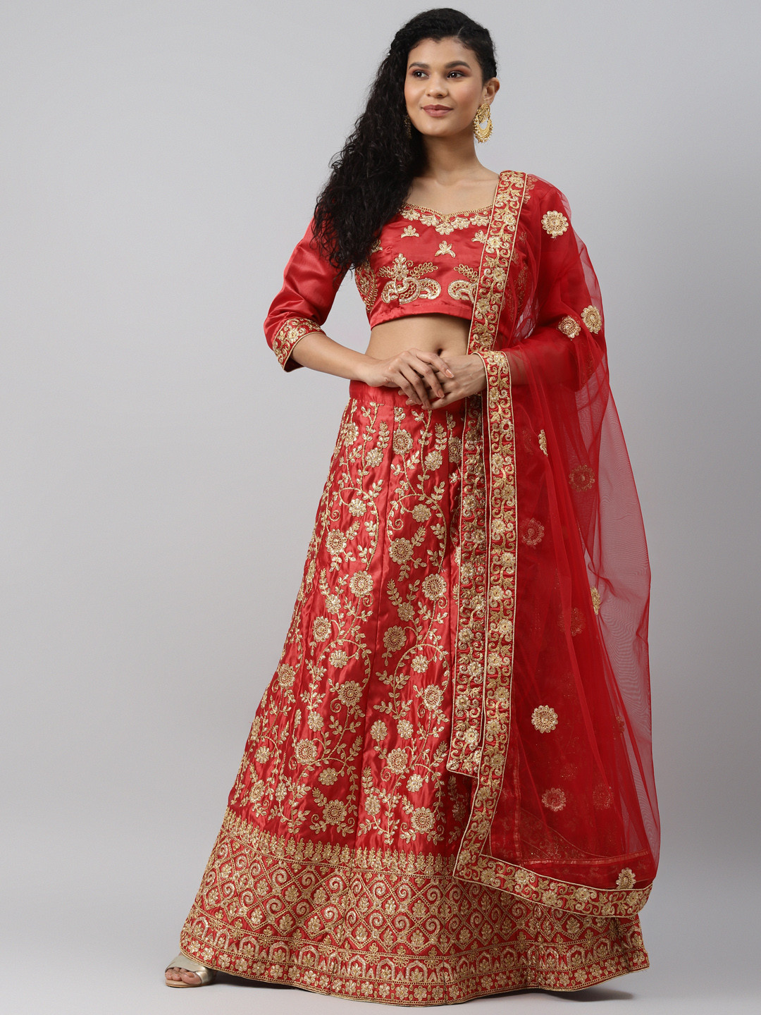 

Readiprint Fashions Red & Gold-Toned Solid Semi-Stitched Lehenga & Unstitched Blouse with Dupatta