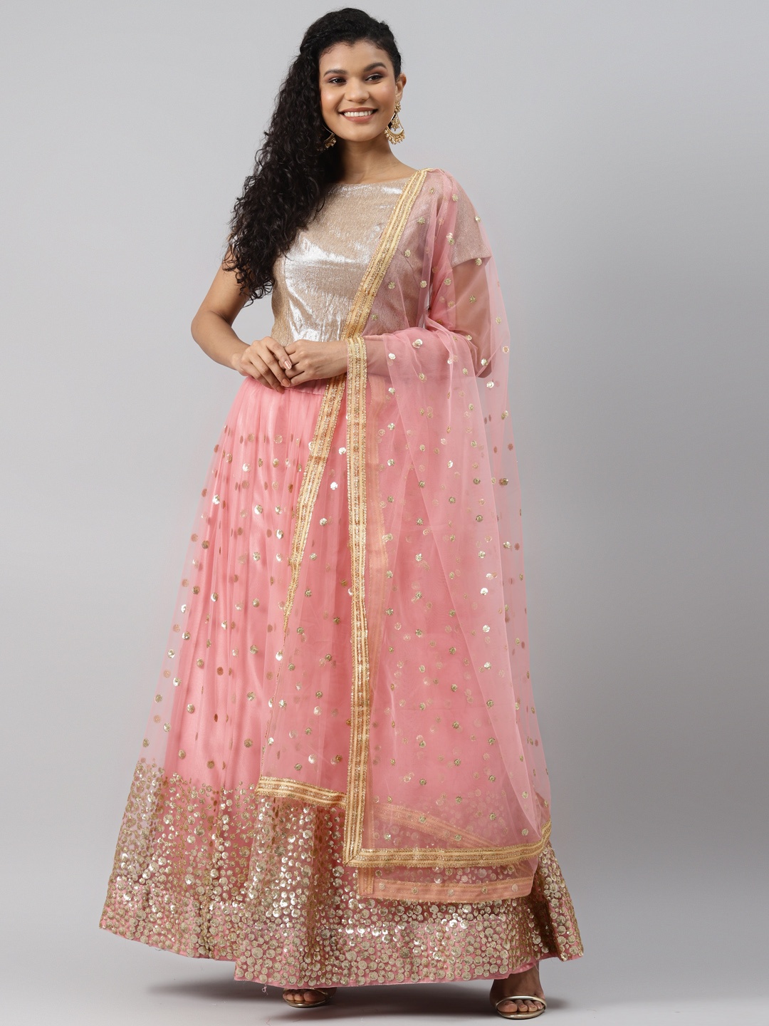 

Readiprint Fashions Pink & Gold-Toned Solid Semi-Stitched Lehenga & Unstitched Blouse with Dupatta