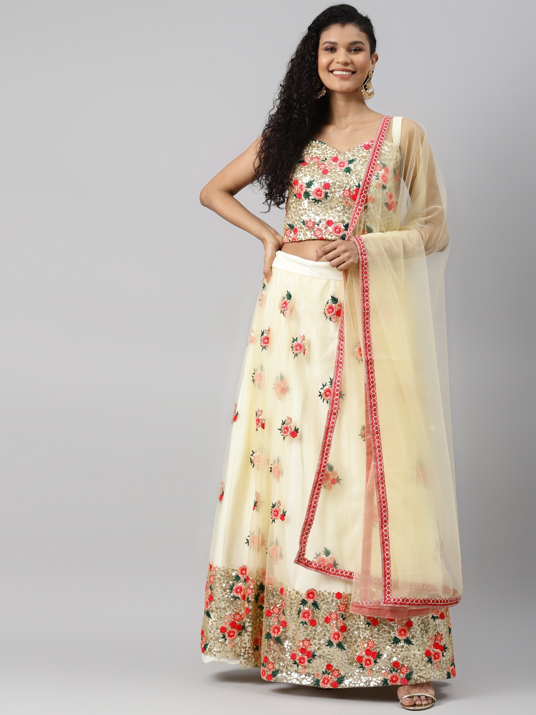 

Readiprint Fashions Cream-Coloured & Pink Embroidered Semi-Stitched Lehenga & Unstitched Blouse with Dupatta