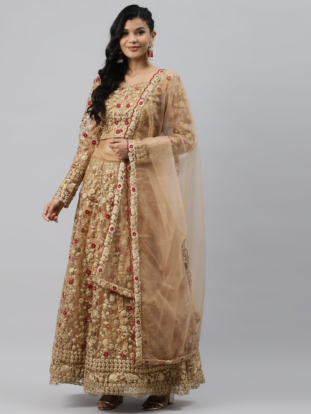 

Readiprint Fashions Beige & Gold-Toned Embroidered Semi-Stitched Lehenga & Unstitched Blouse with Dupatta