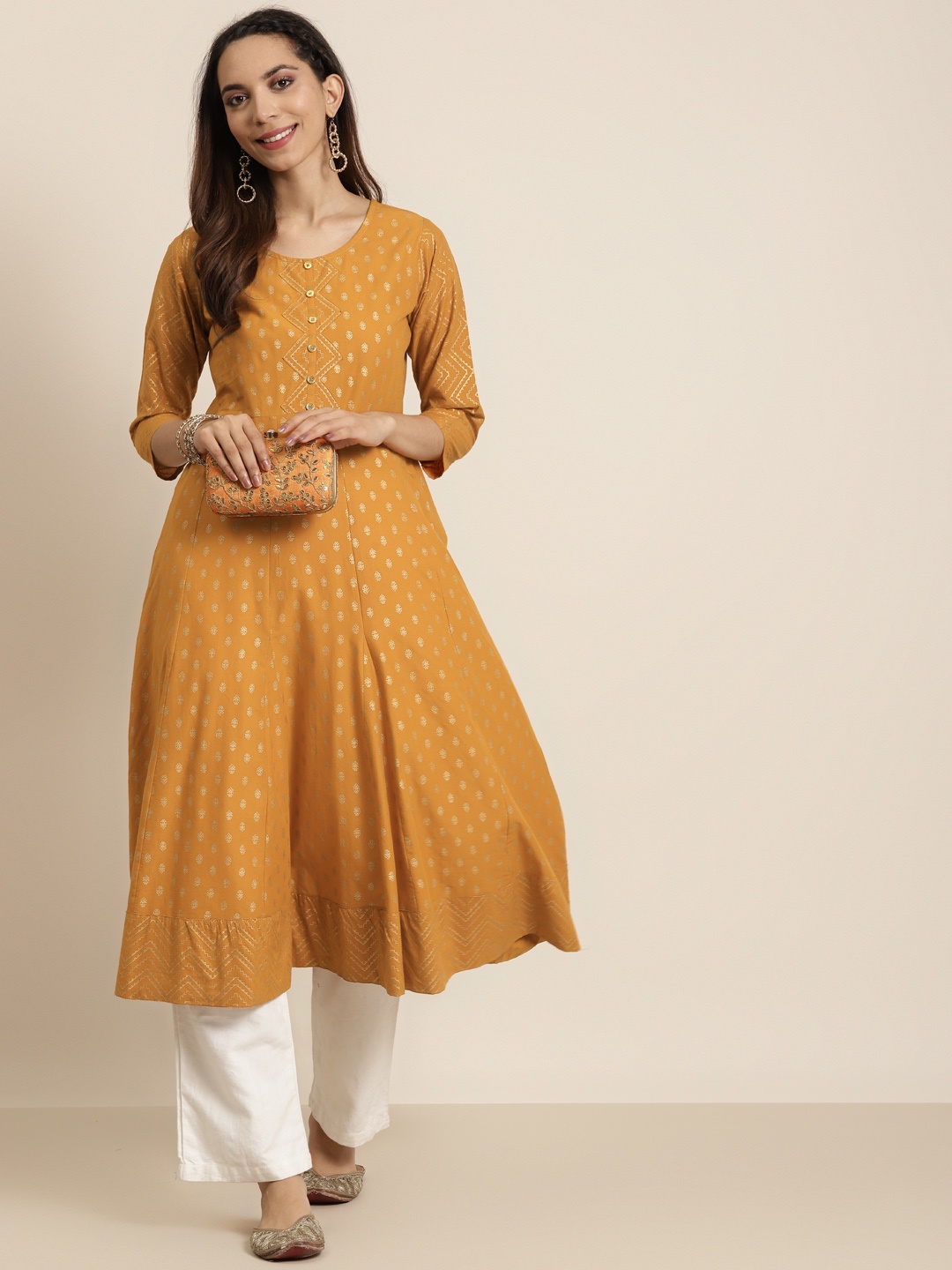 

YASH GALLERY Women Mustard Yellow & Golden Cotton Ethnic Motifs Printed Anarkali Kurta