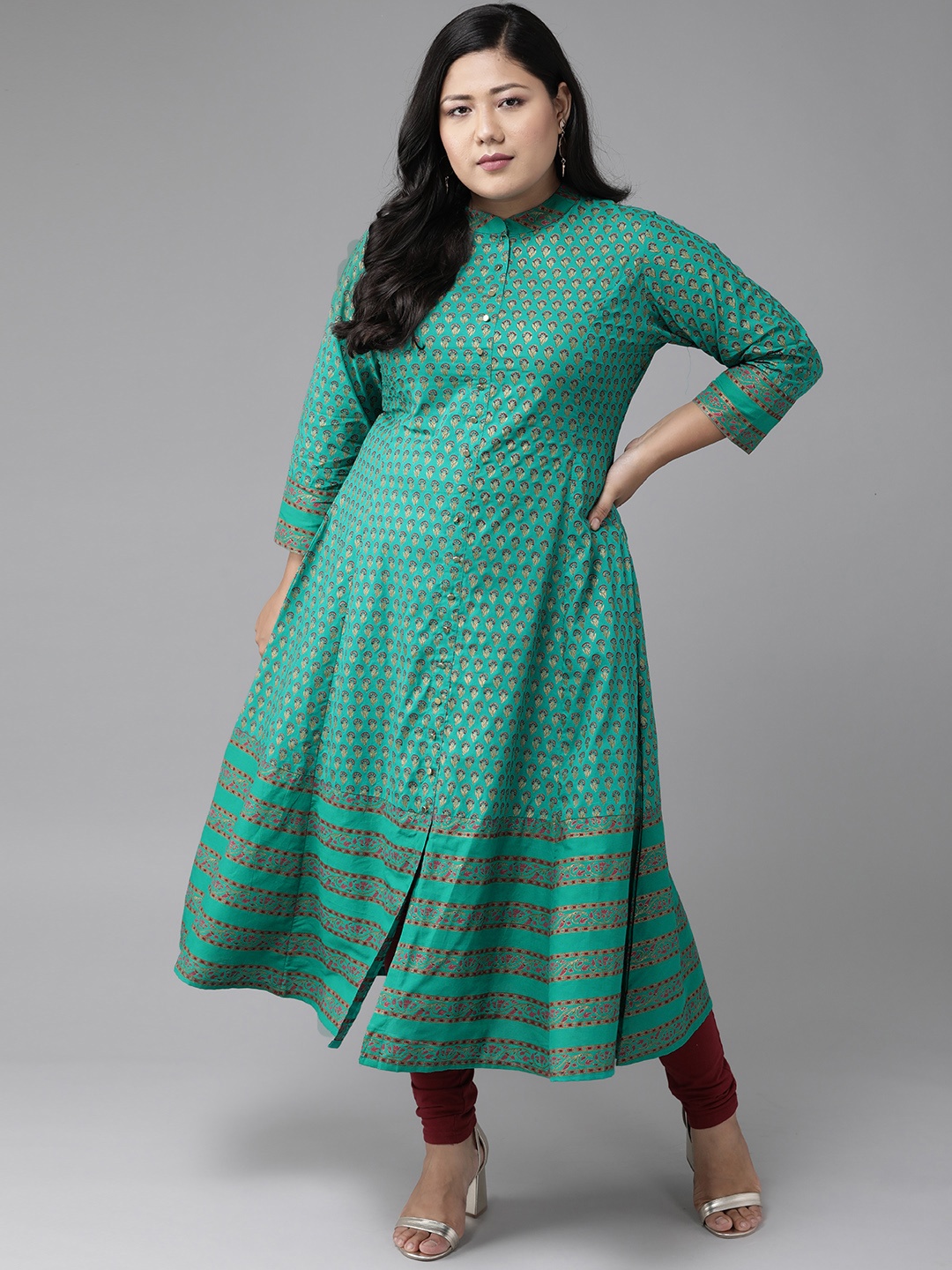 

YASH GALLERY Women Plus Size Green & Golden Ethnic Motifs Printed A-line Kurta