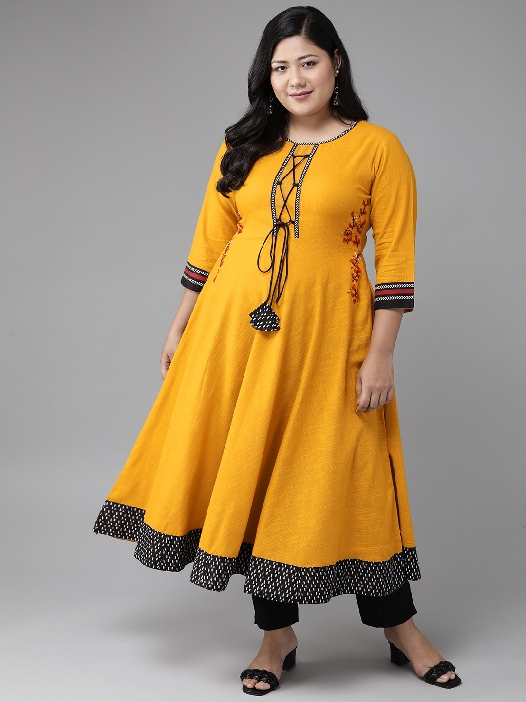 

YASH GALLERY Women Plus Size Mustard Yellow Thread Work Anarkali Kurta