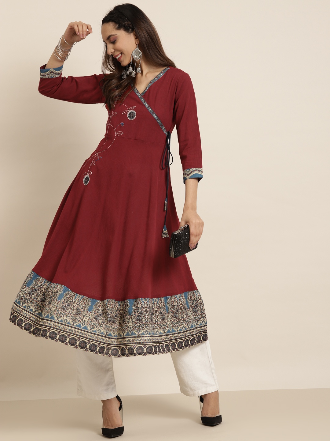 

YASH GALLERY Women Maroon & Blue Cotton Slub Thread Work Angrakha Anarkali Kurta