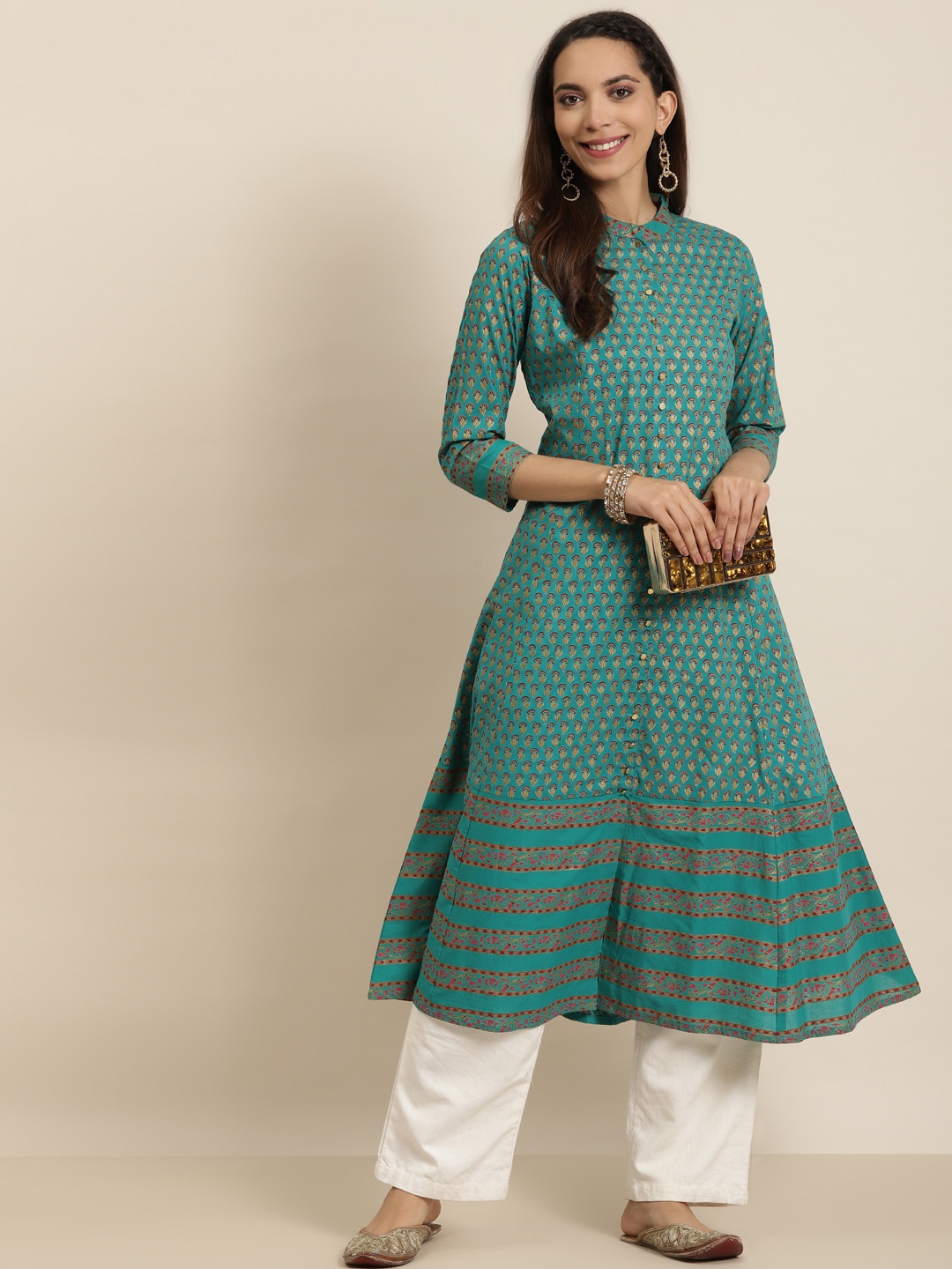 

YASH GALLERY Women Green & Golden Ethnic Motifs Printed Anarkali Kurta