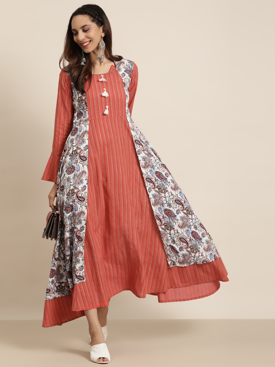 

YASH GALLERY Women Rust Red & White Layered Ethnic Printed Bell Sleeves Anarkali Kurta