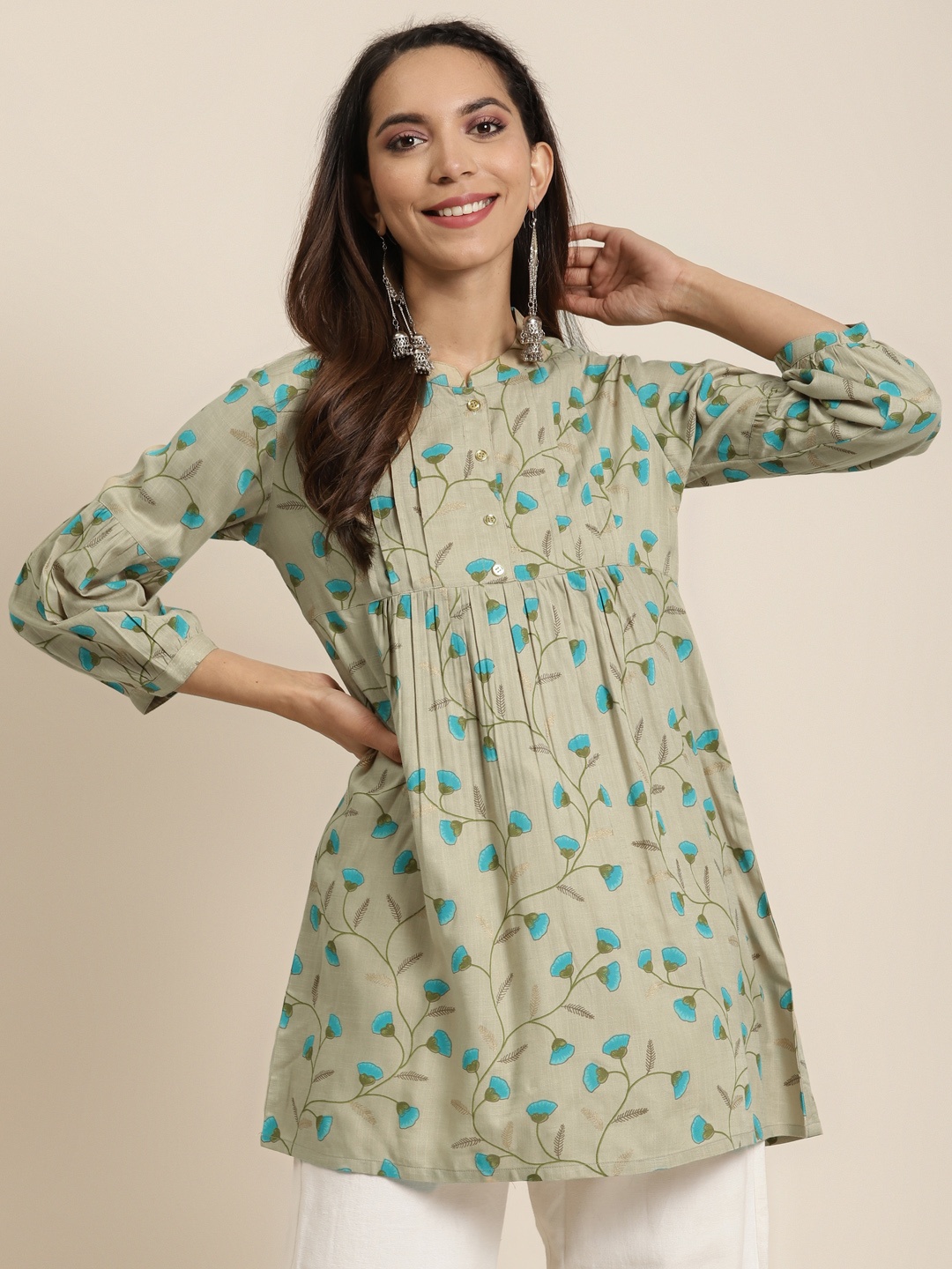 YASH GALLERY Women Beige & Blue Printed Pleated A-Line Kurti