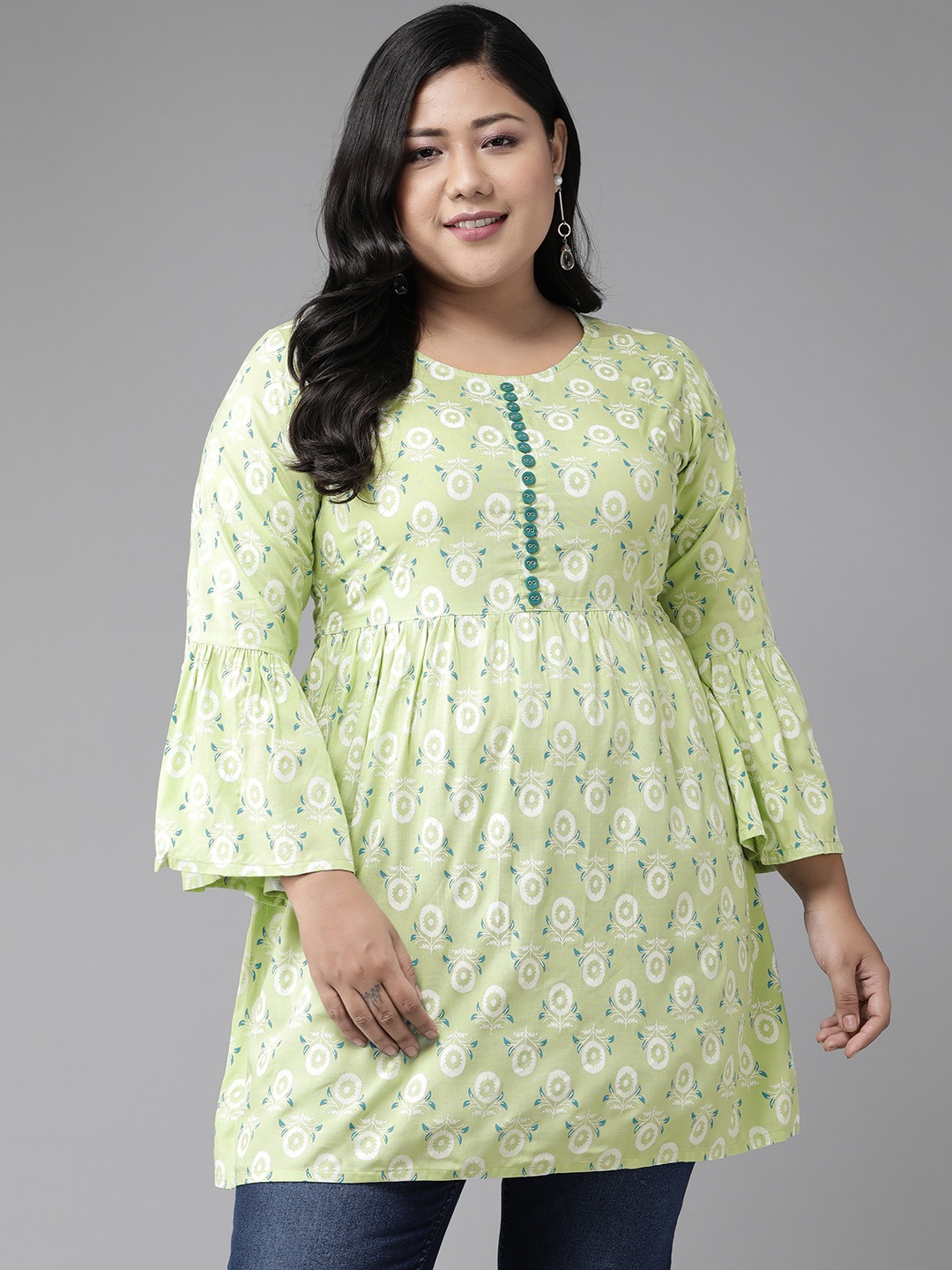 

YASH GALLERY Plus Size Green & Off White Floral Print Bell Sleeves Kurti