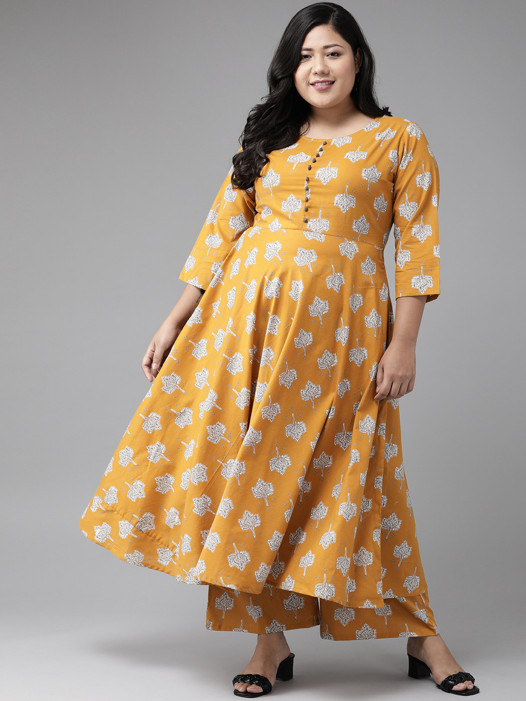 

YASH GALLERY Women Plus Size Mustard Brown Motifs Printed Anarkali Kurta with Palazzos