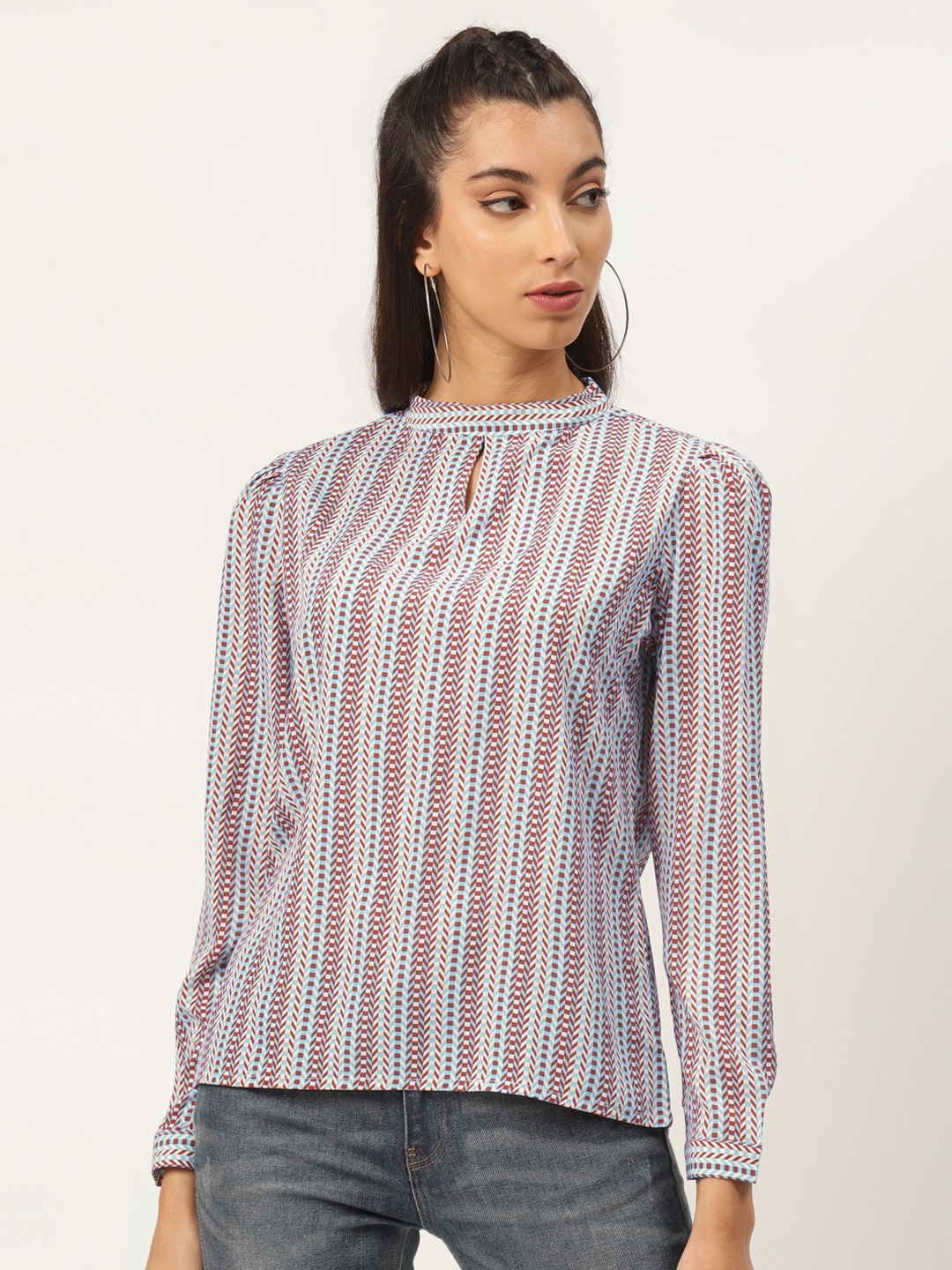 

Oner Red & Blue Geometric Printed Keyhole Neck Regular Top