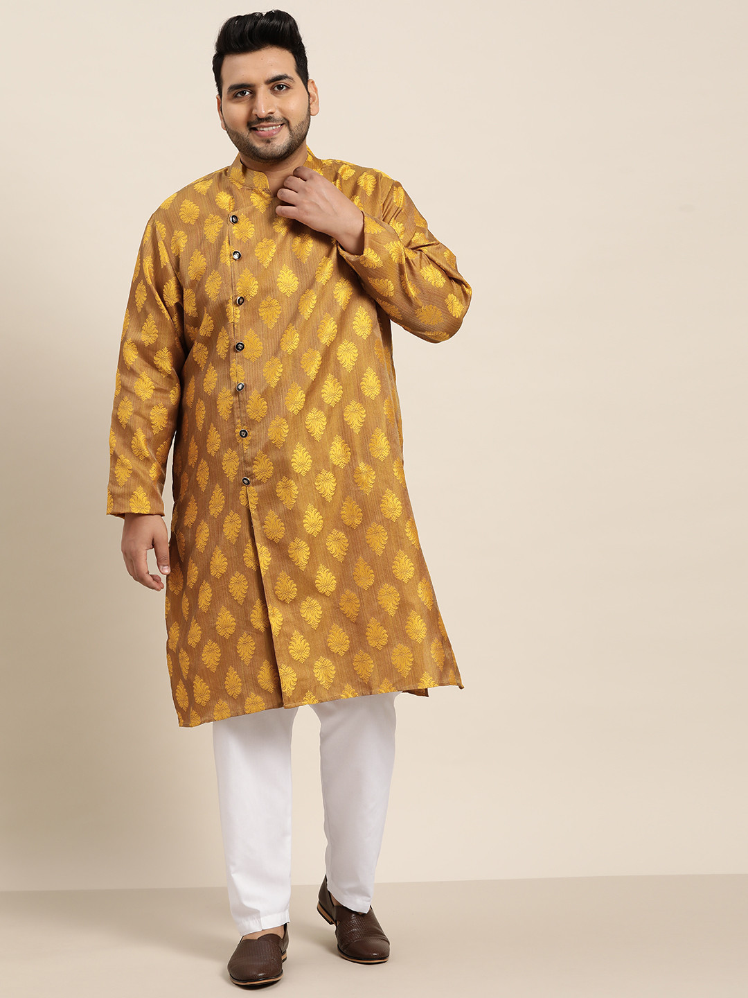 

SOJANYA PLUS Men Mustard Yellow Ethnic Motifs Thread Work Angrakha Kurta with Churidar