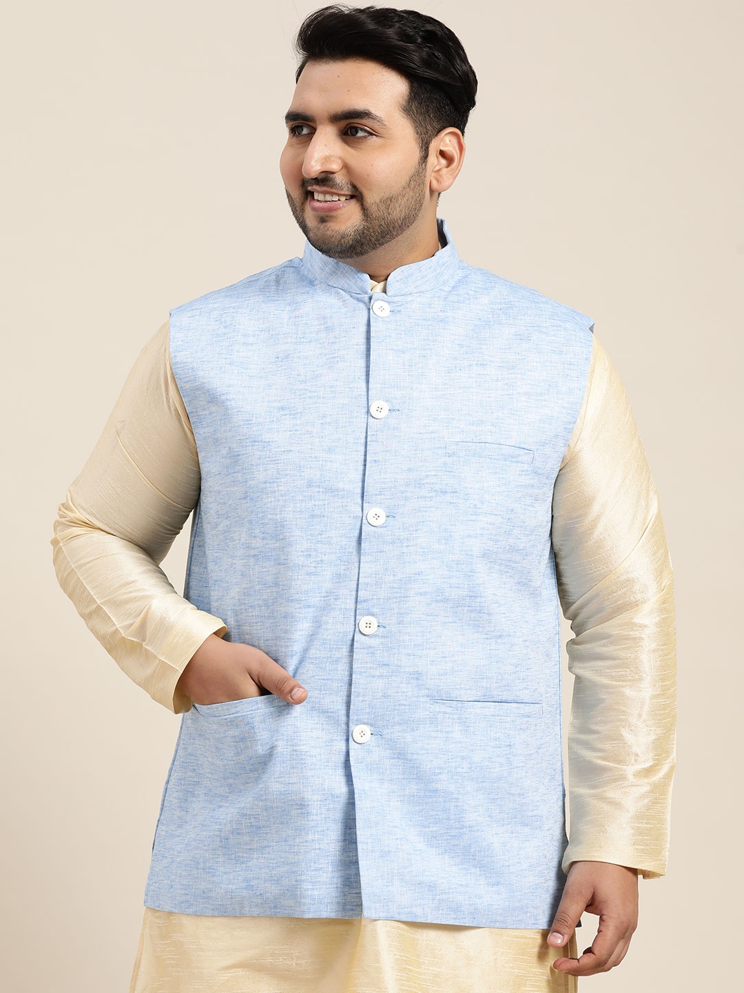 

SOJANYA PLUS Men Plus Size Blue Woven-Design Nehru Jacket