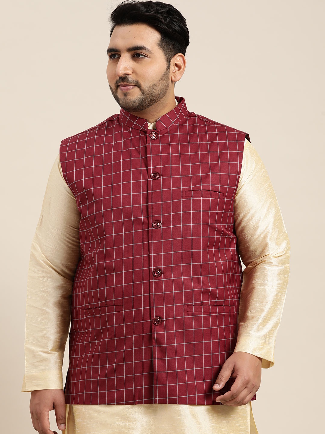 

SOJANYA PLUS Men Plus Size Maroon & Blue Checked Nehru Jacket