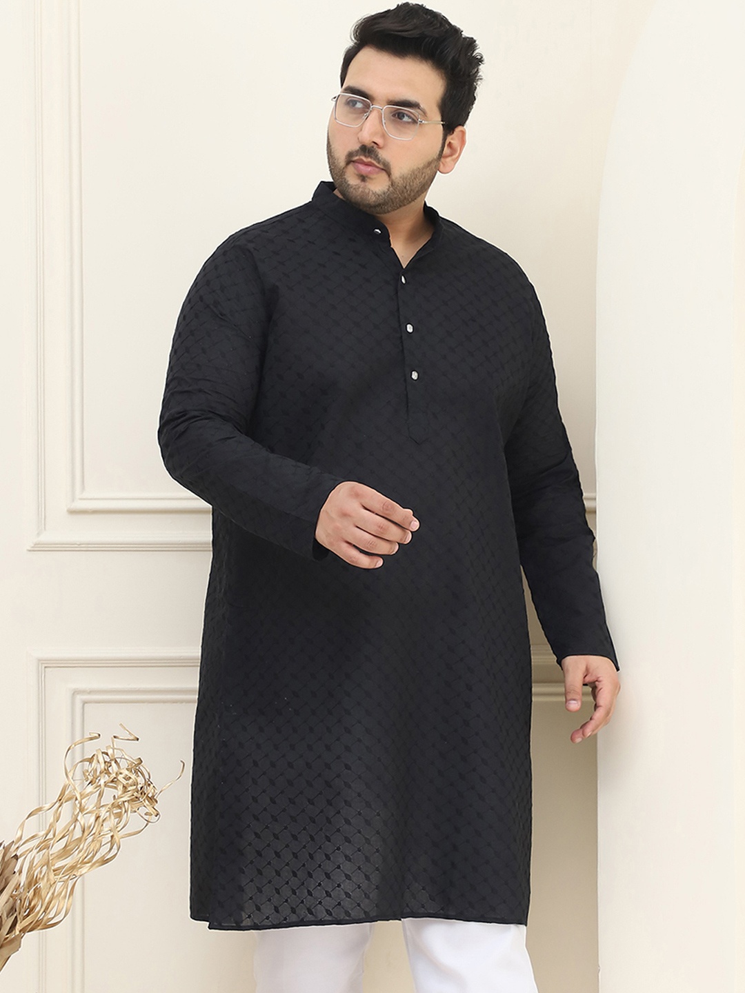 SOJANYA PLUS Size Men Black Embroidered Pure Cotton Kurta