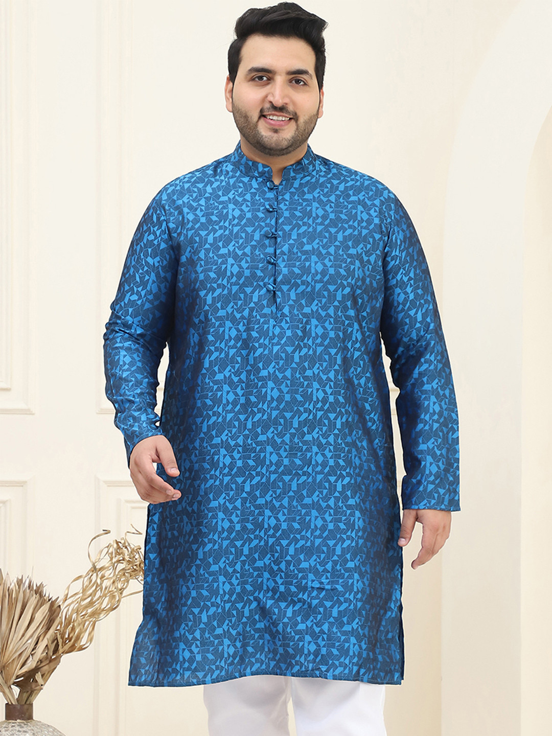 

SOJANYA PLUS Men Plus Size Blue & Black Woven Design Straight Kurta