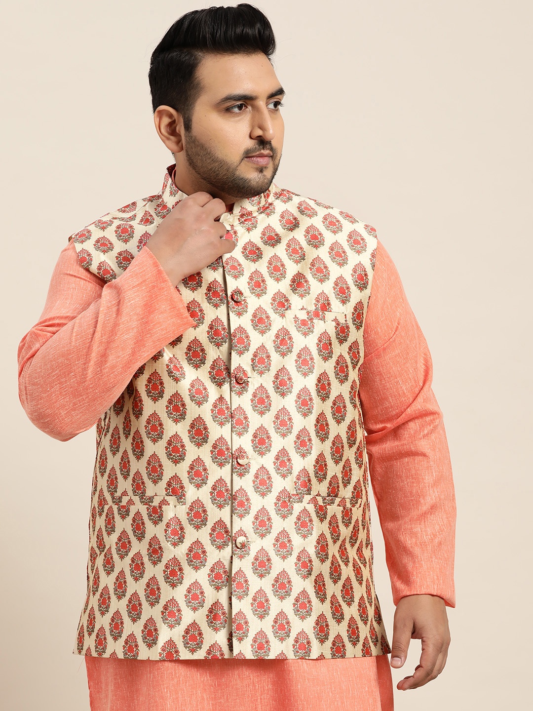 

SOJANYA PLUS Men Cream Coloured & Coral Red Ethnic Motifs Print Silk Blend Nehru Jacket