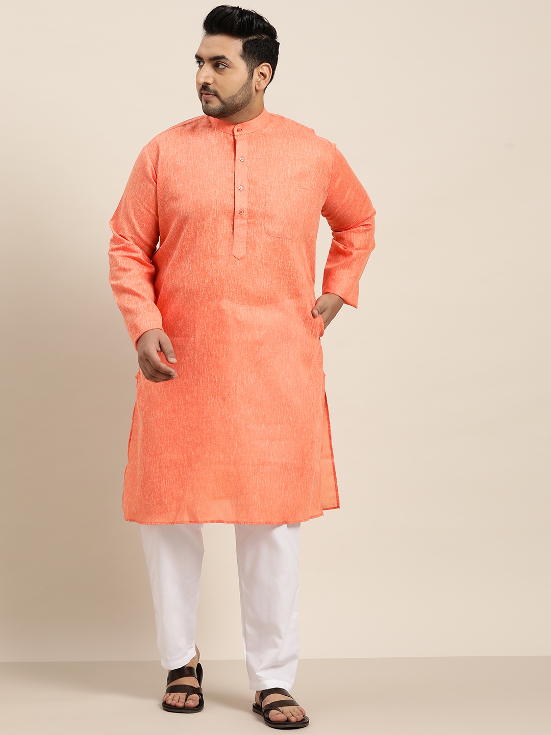 SOJANYA PLUS Men Orange Woven Design Dobby Straight Kurta