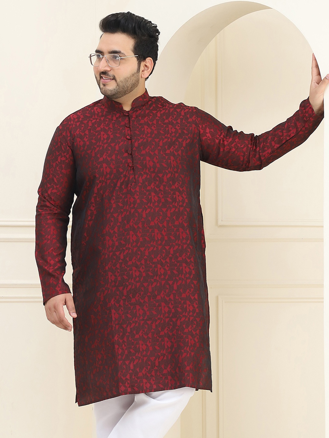 SOJANYA PLUS Men Plus Size Red & Black Woven Design Straight Kurta