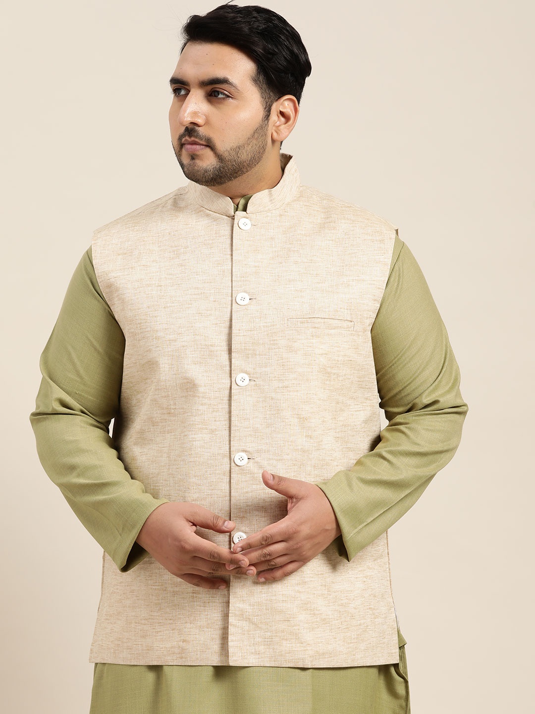 

SOJANYA PLUS Men Plus Size Beige Woven-Design Nehru Jacket