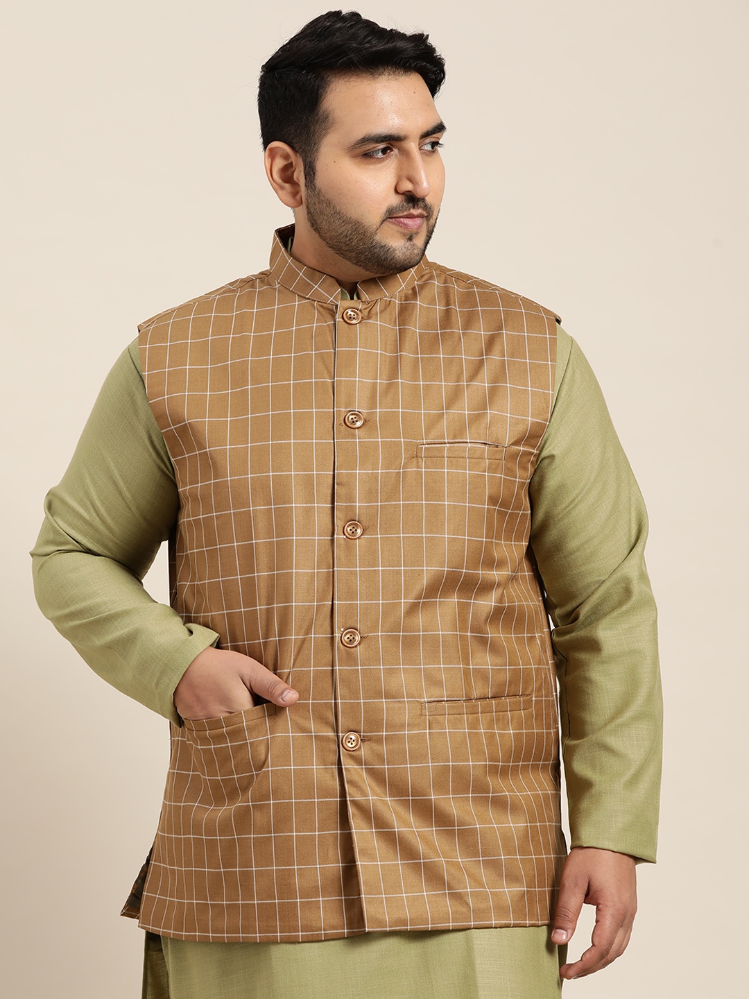 

SOJANYA PLUS Size Men Brown & Off-White Checked Nehru Jacket