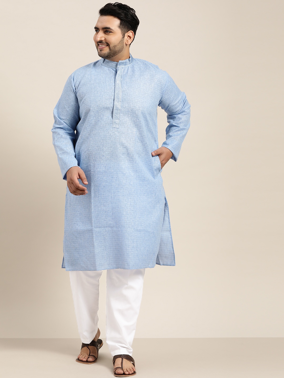 

SOJANYA PLUS Men Blue & White Pure Cotton Kurta with Pyjamas