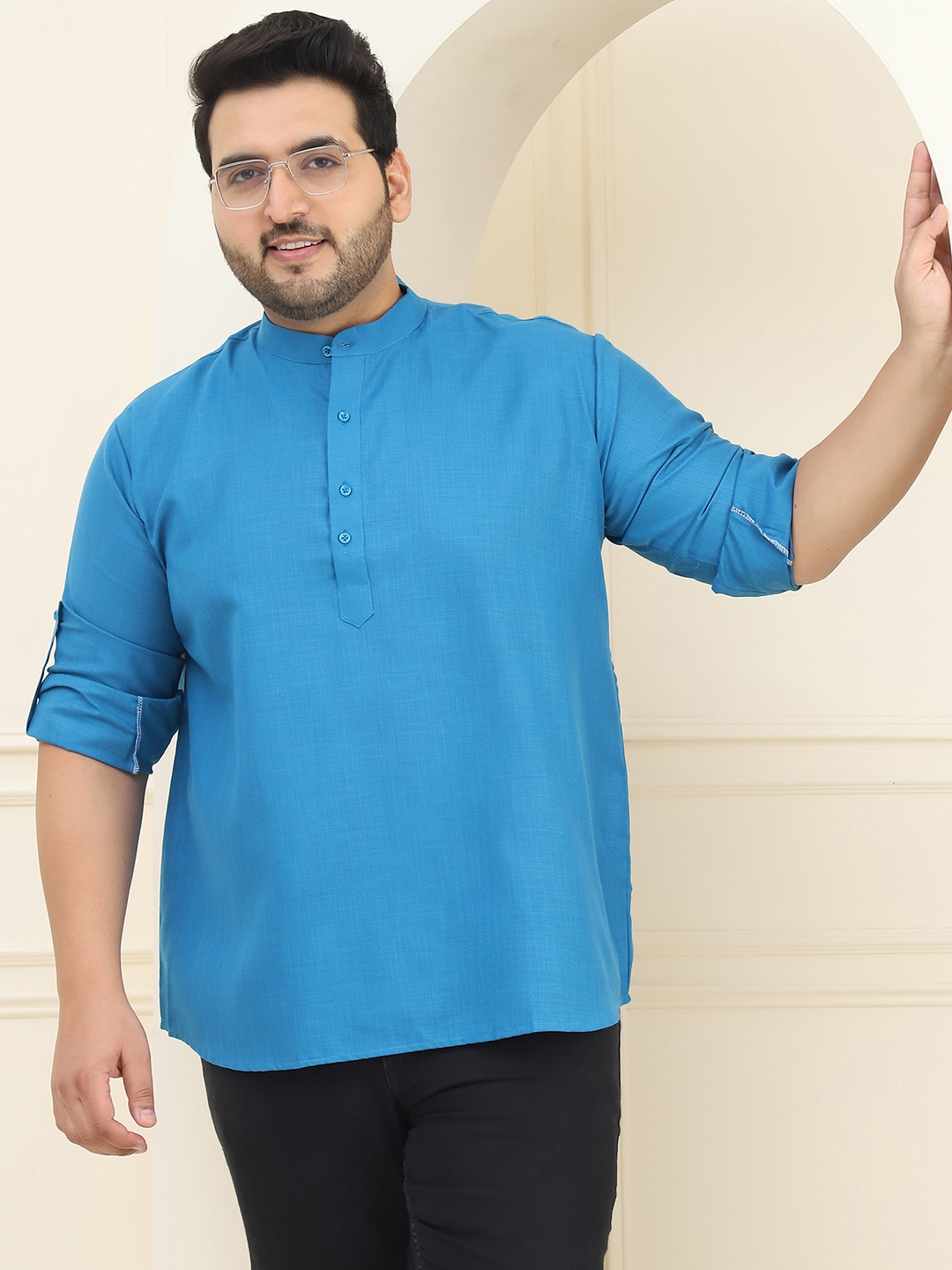 SOJANYA PLUS Men Plus Size Blue Pure Cotton Solid Straight Kurta