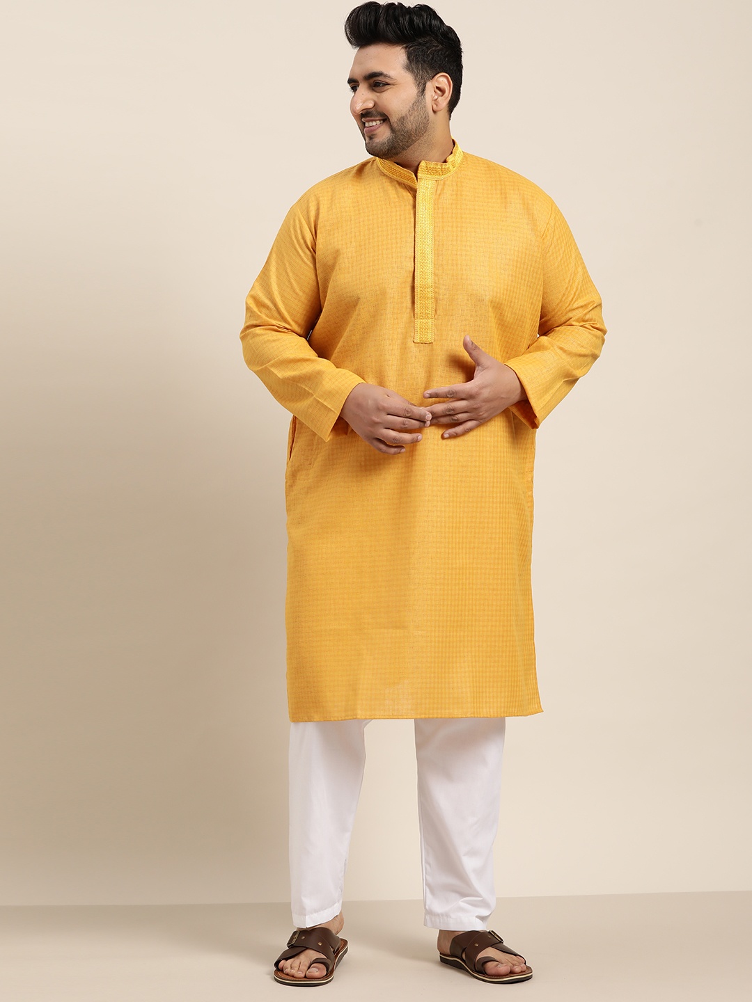 

SOJANYA PLUS Men Mustard Yellow & White Thread Work Pure Cotton Kurta with Salwar