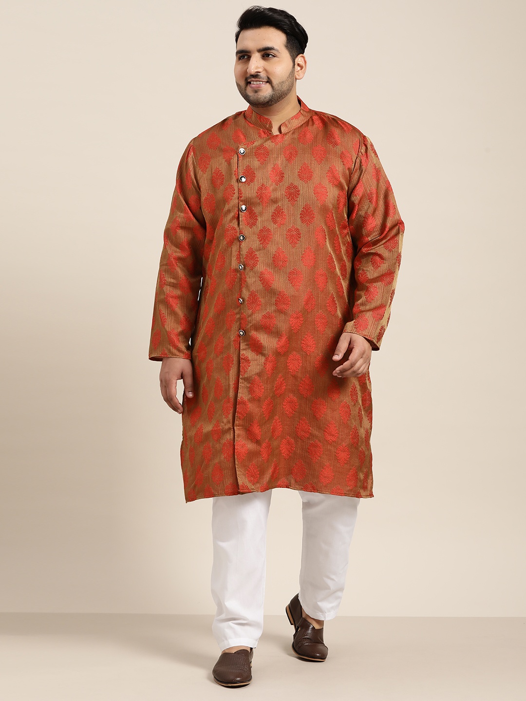 

SOJANYA PLUS Men Rust Red & White Ethnic Motifs Angrakha Kurta with Pyjamas