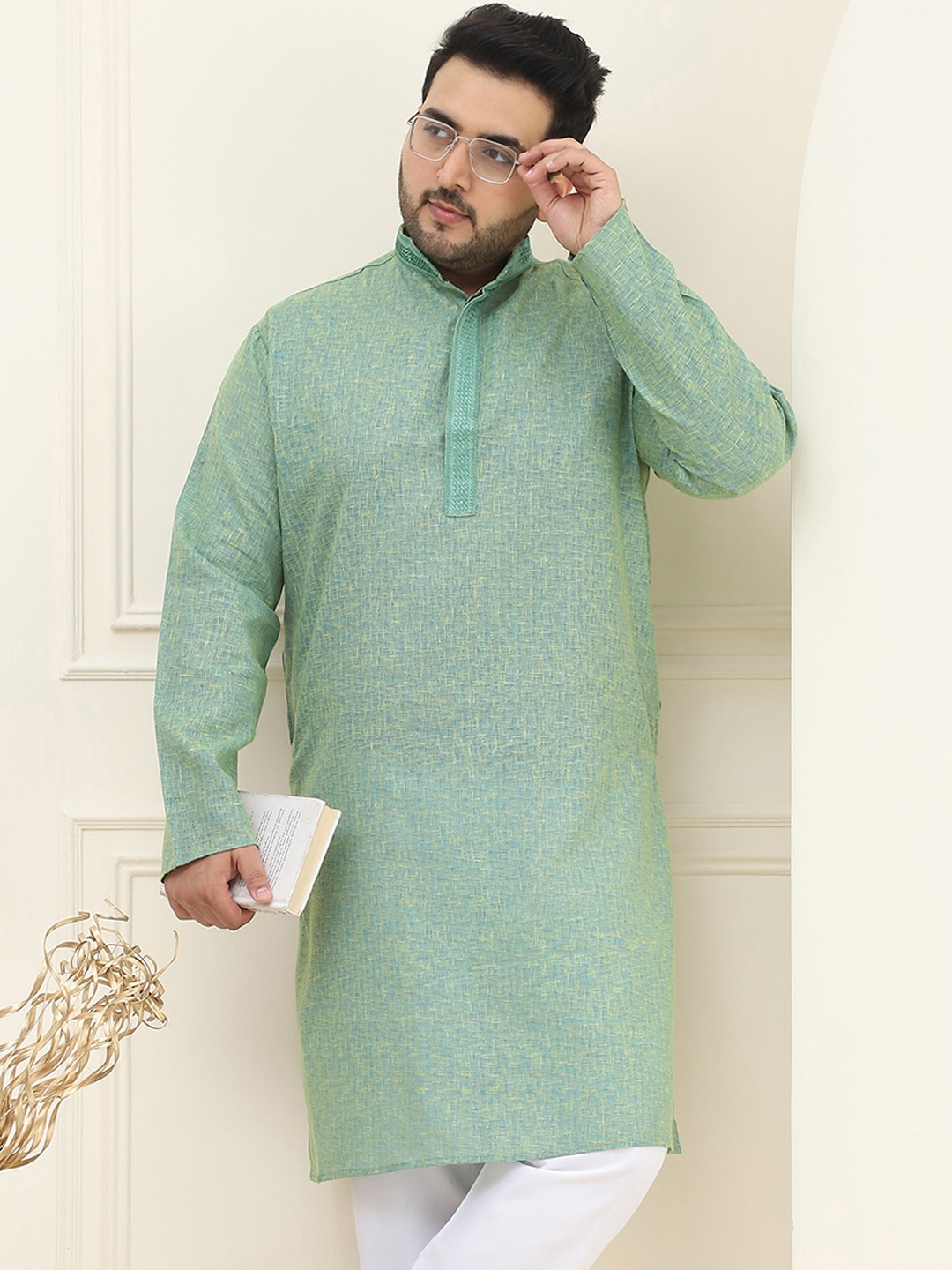 

SOJANYA PLUS Men Plus Size Green Self-Checked Cotton Straight Kurta