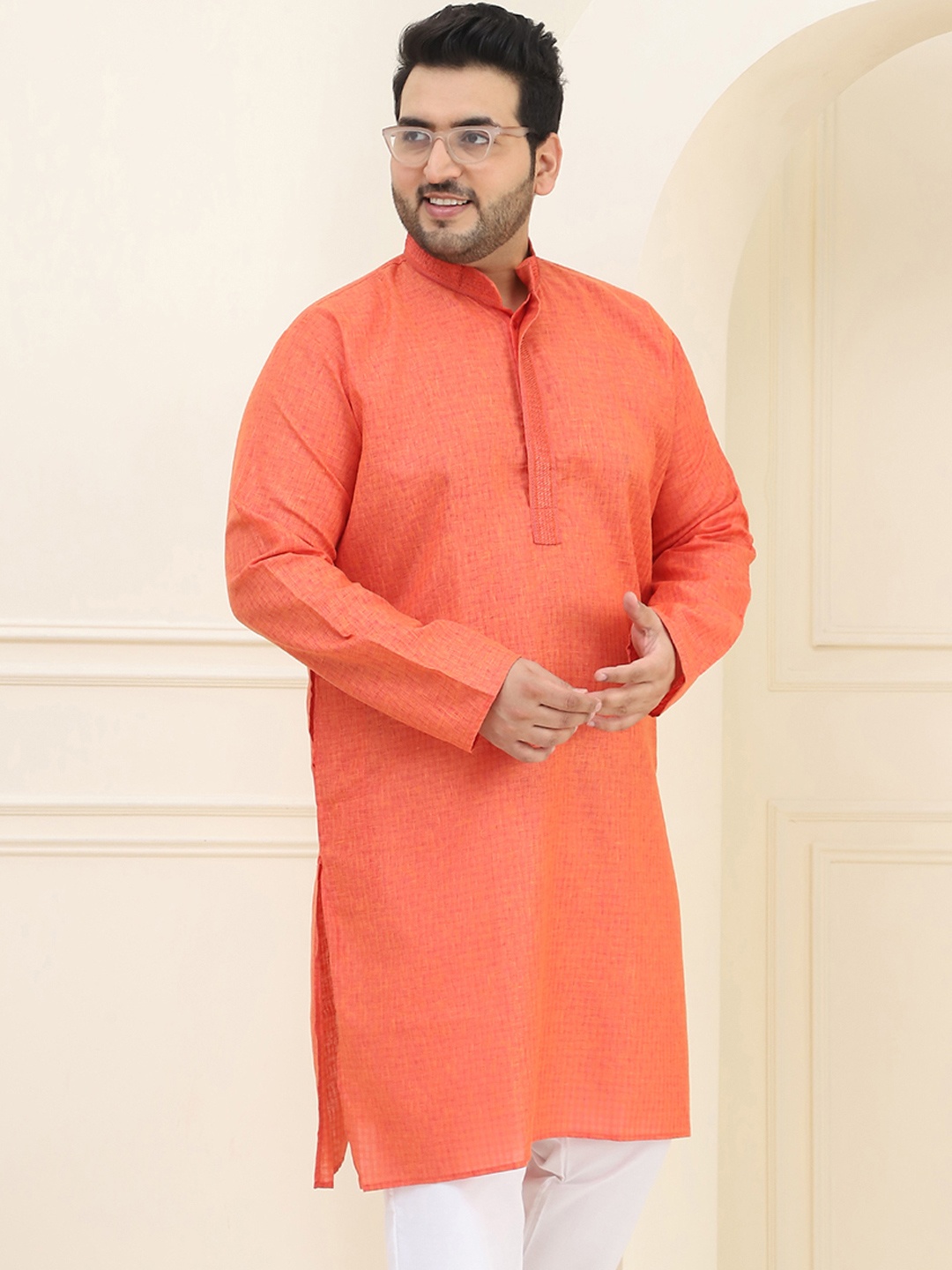 

SOJANYA PLUS Men Coral Orange Self-Checked Cotton Straight Kurta