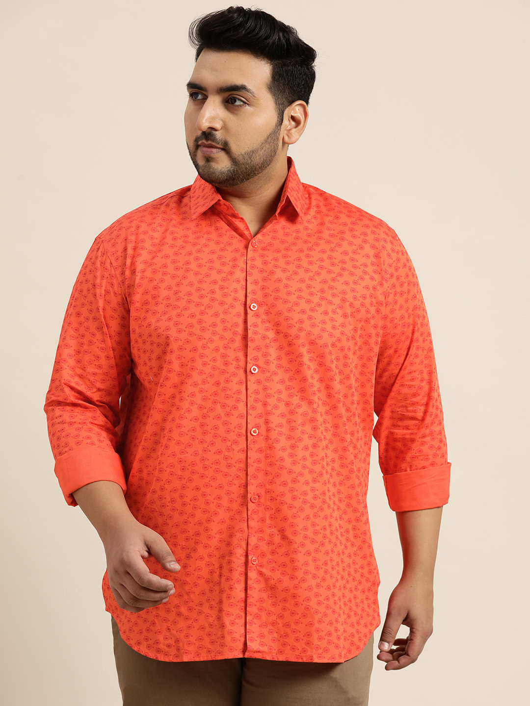 

SOJANYA PLUS Size Men Coral Orange Printed Classic Pure Cotton Casual Shirt