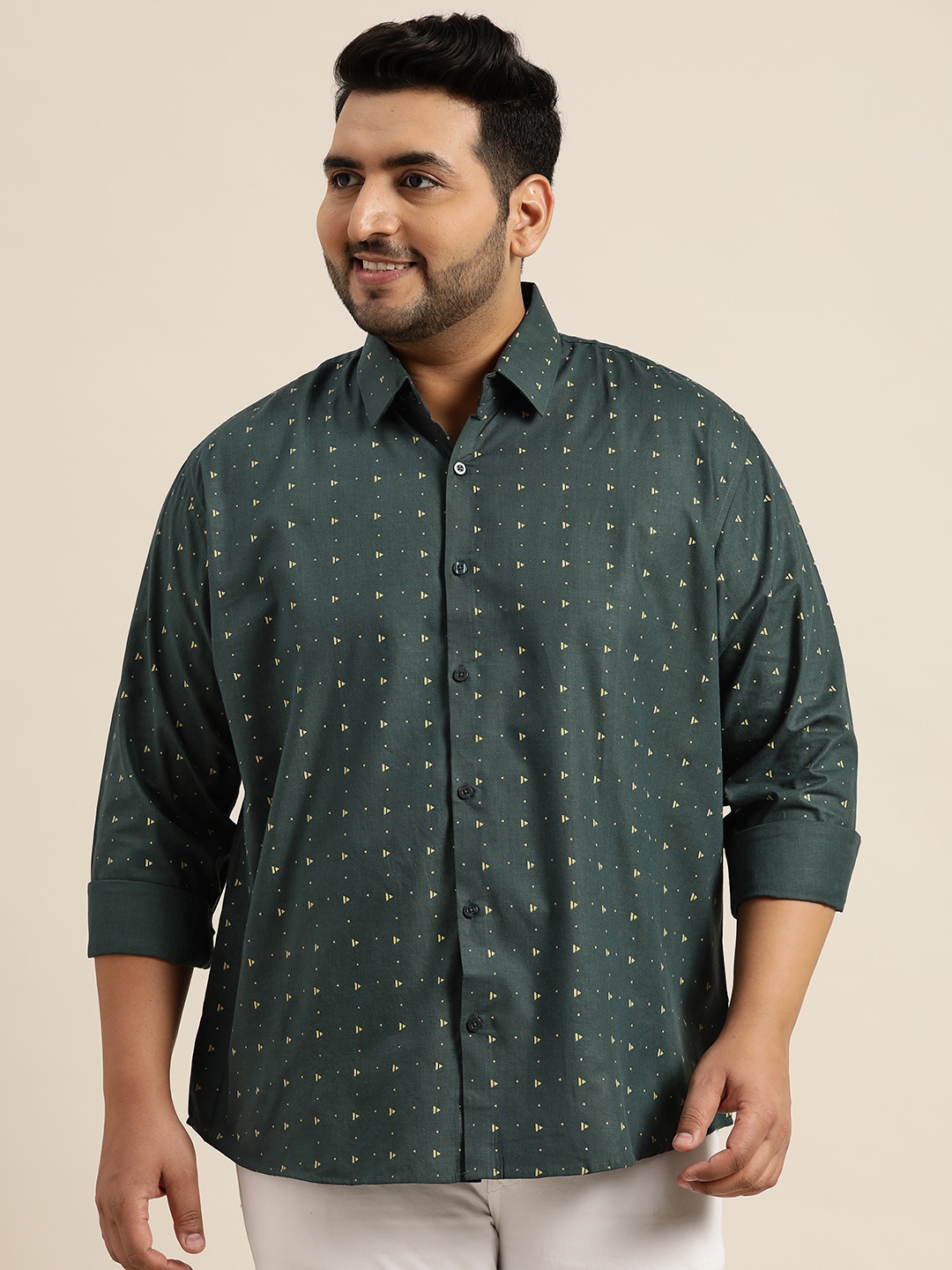 

SOJANYA PLUS Size Men Green & Yellow Printed Pure Cotton Classic Casual Shirt