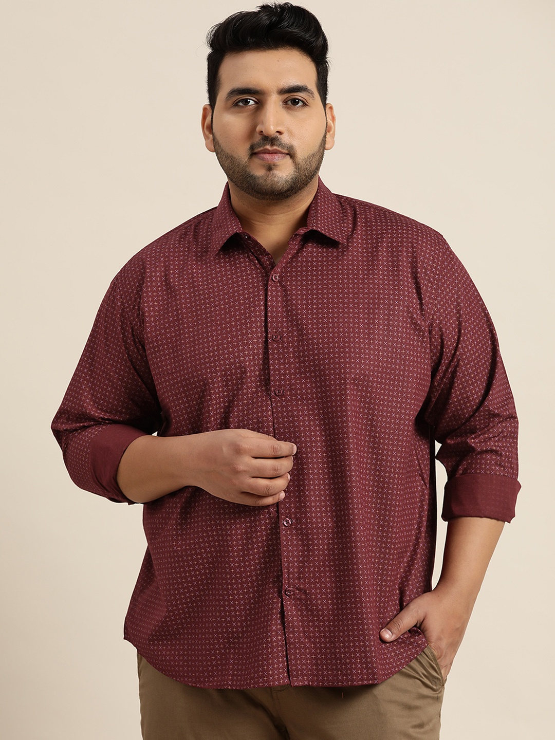 

SOJANYA PLUS Size Men Maroon & Pink Printed Pure Cotton Classic Casual Shirt