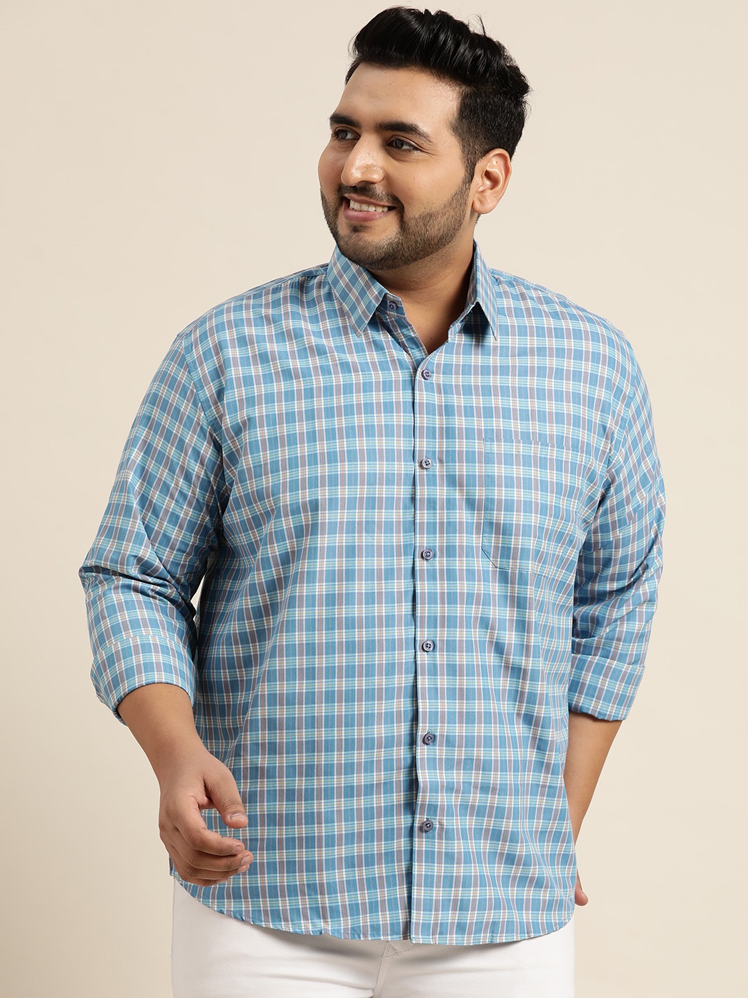 

SOJANYA PLUS Size Men Blue & White Classic Fit Tartan Checks Pure Cotton Casual Shirt