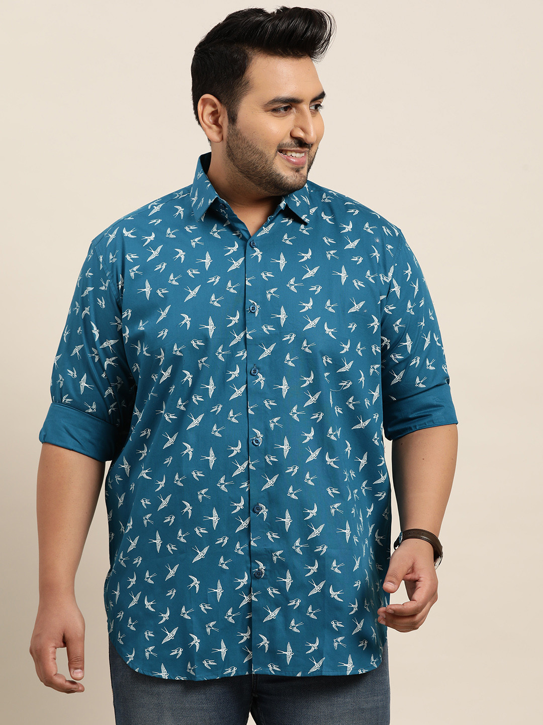 

SOJANYA PLUS Men Teal Blue & White Pure Cotton Classic Printed Casual Shirt