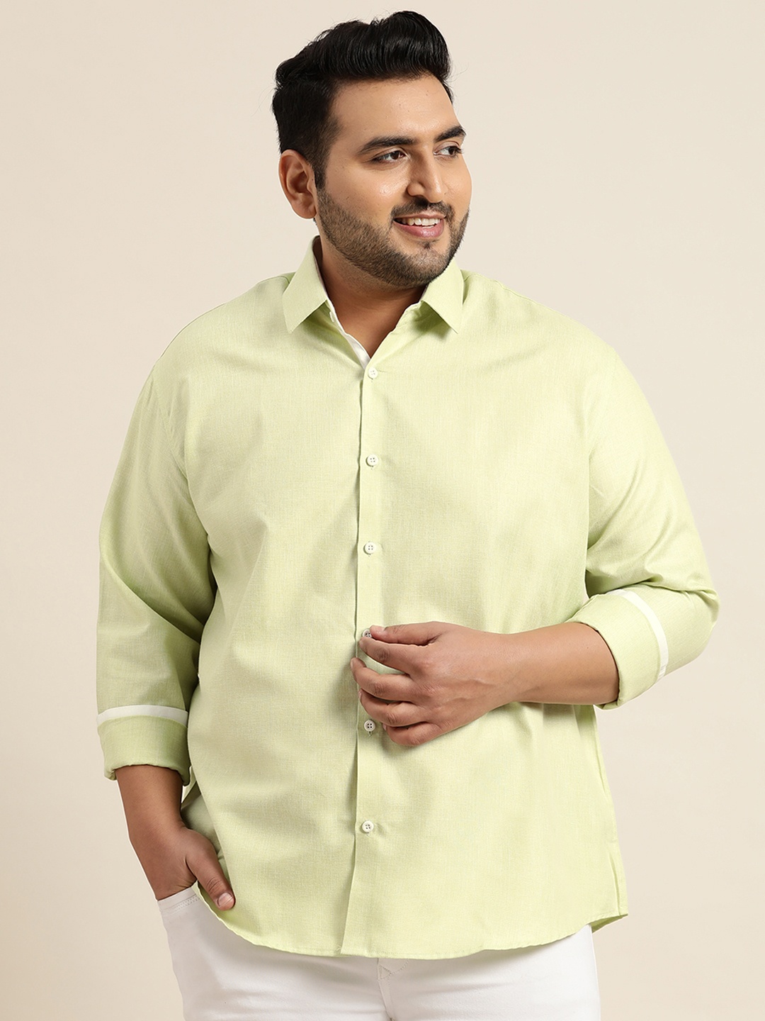 

SOJANYA PLUS Size Men Lime Green Classic Fit Cotton Linen Casual Shirt