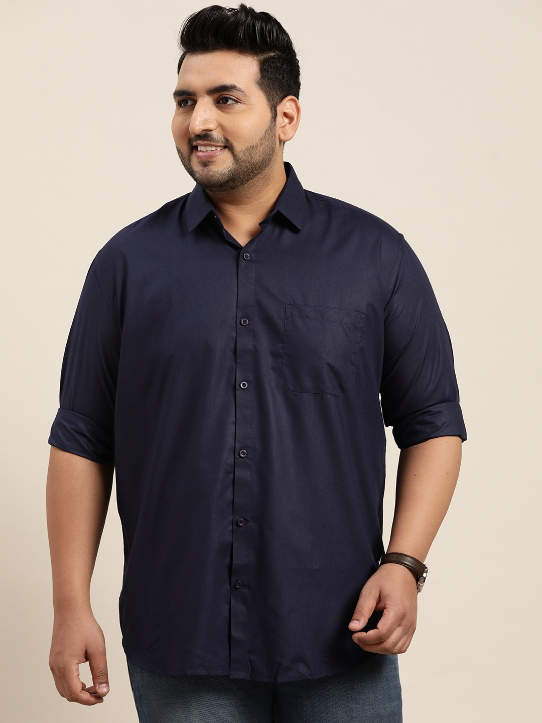 

SOJANYA PLUS Men Navy Blue Pure Cotton Solid Classic Casual Shirt