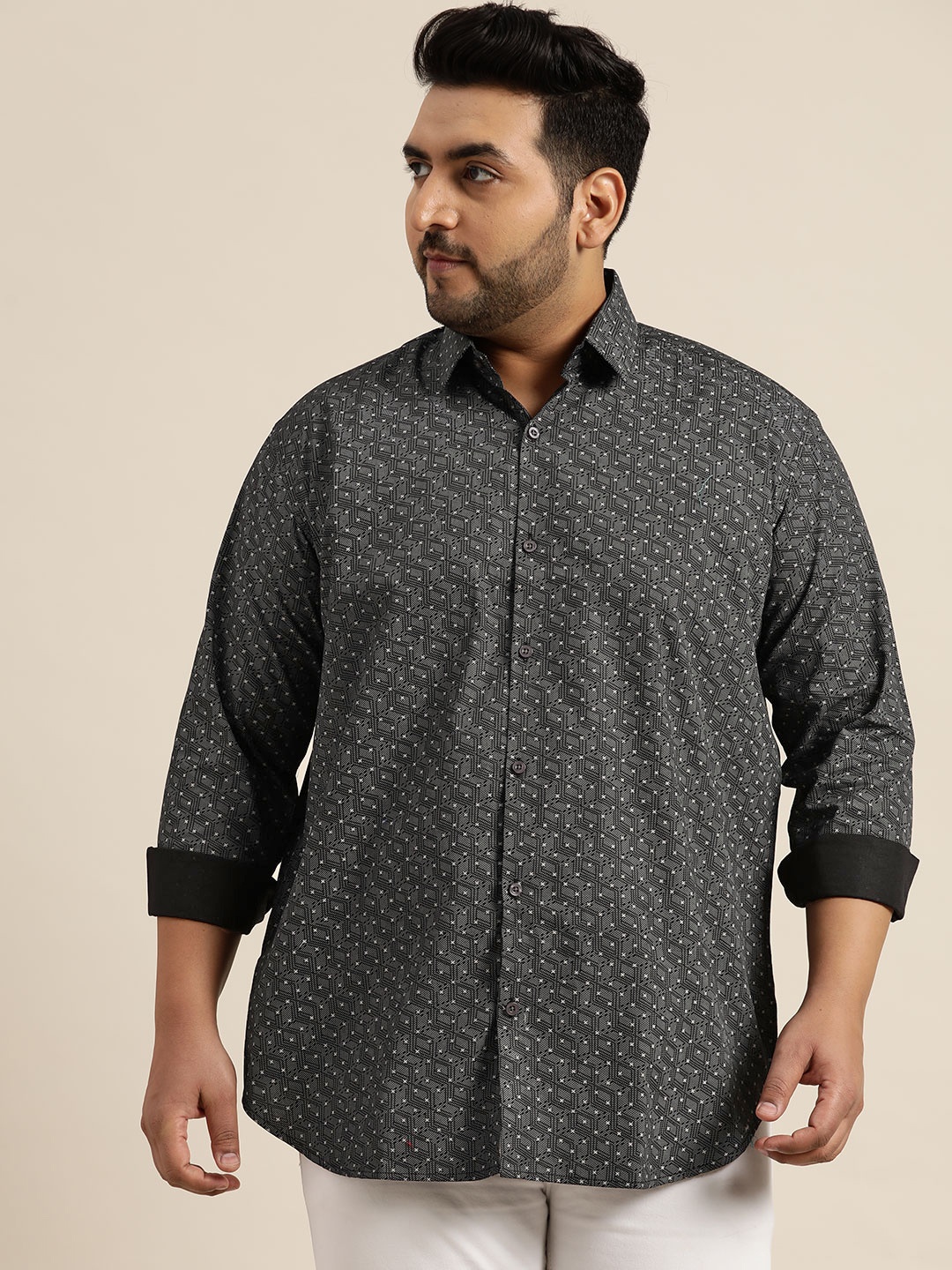 

SOJANYA PLUS Size Men Charcoal Grey Printed Pure Cotton Classic Casual Shirt