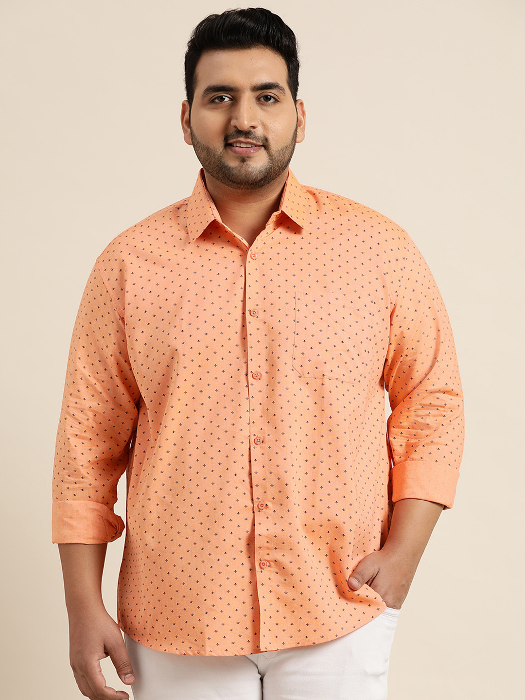 

SOJANYA PLUS Size Men Peach-Coloured & Black Classic Fit Printed Pure Cotton Casual Shirt