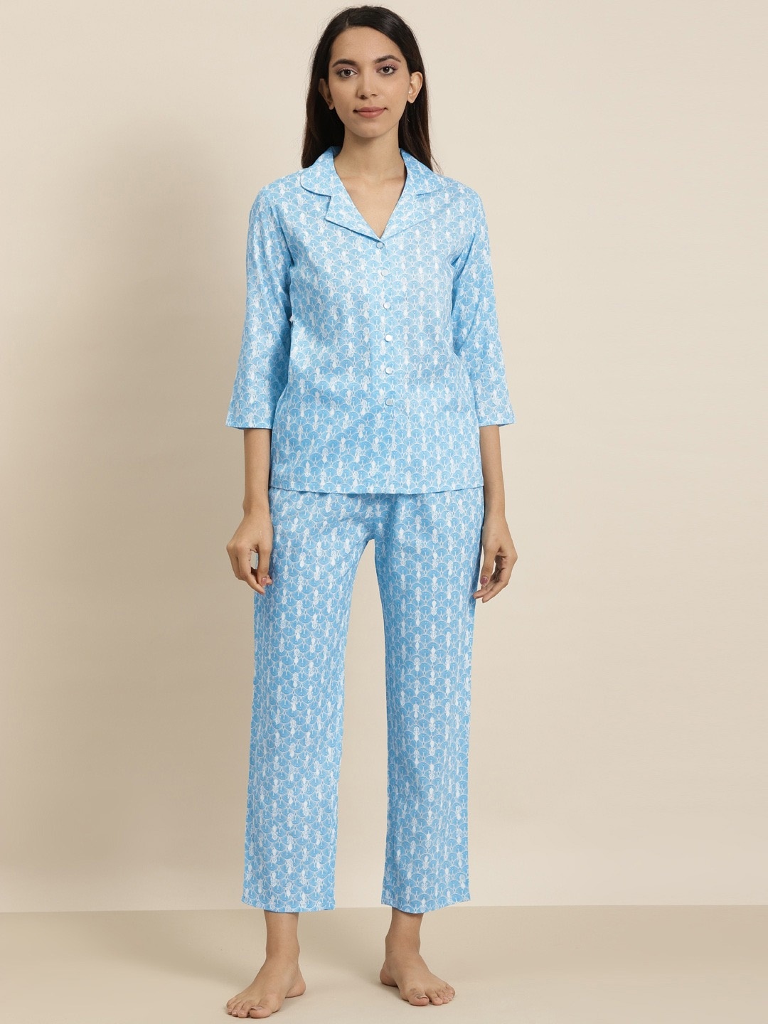 

YASH GALLERY Women Blue & White Printed Night suit