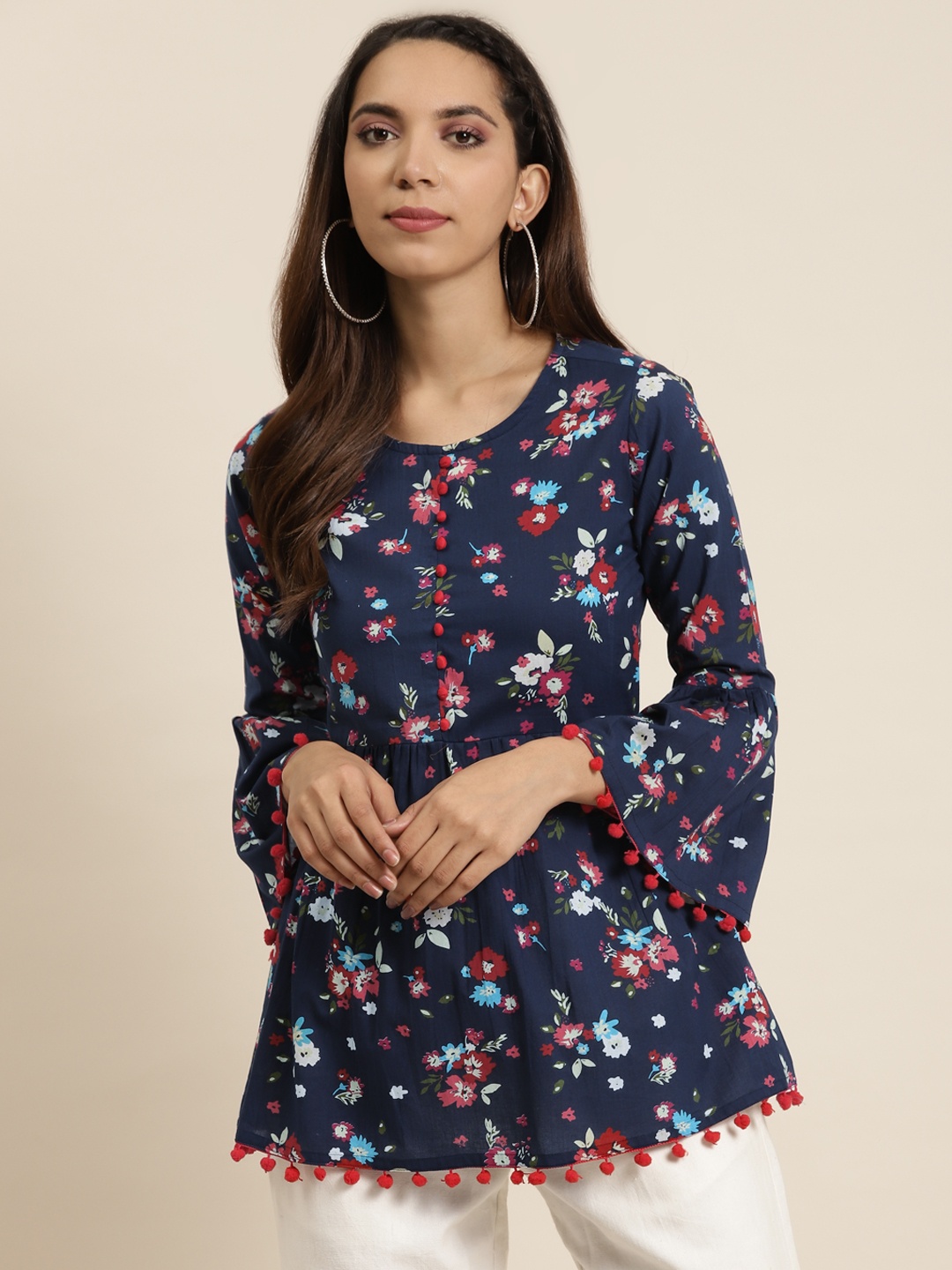 

YASH GALLERY Navy Blue & Red Floral Print Pom-Pom Deatil Pure Cotton A-Line Fusion Top