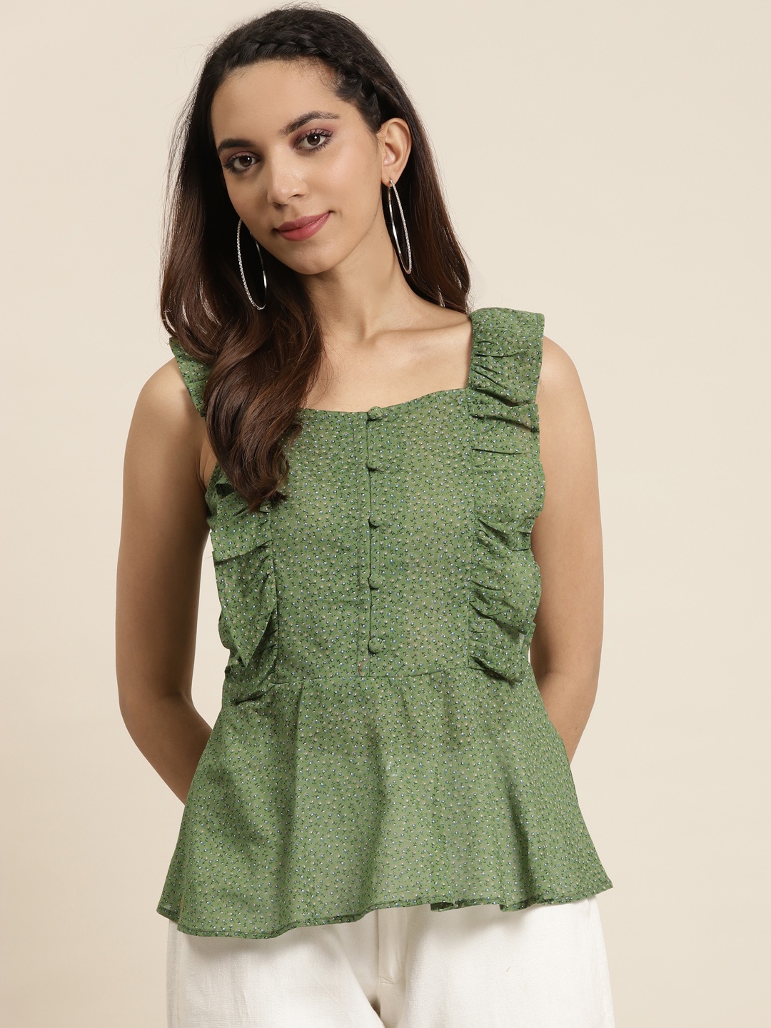 

YASH GALLERY Green & Beige Floral Print Pure Cotton A-Line Top