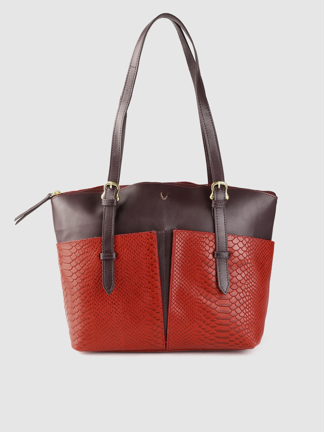 

Hidesign Red & Aubergine Snakeskin Textured Leather Handcrafted Structured Shoulder Bag