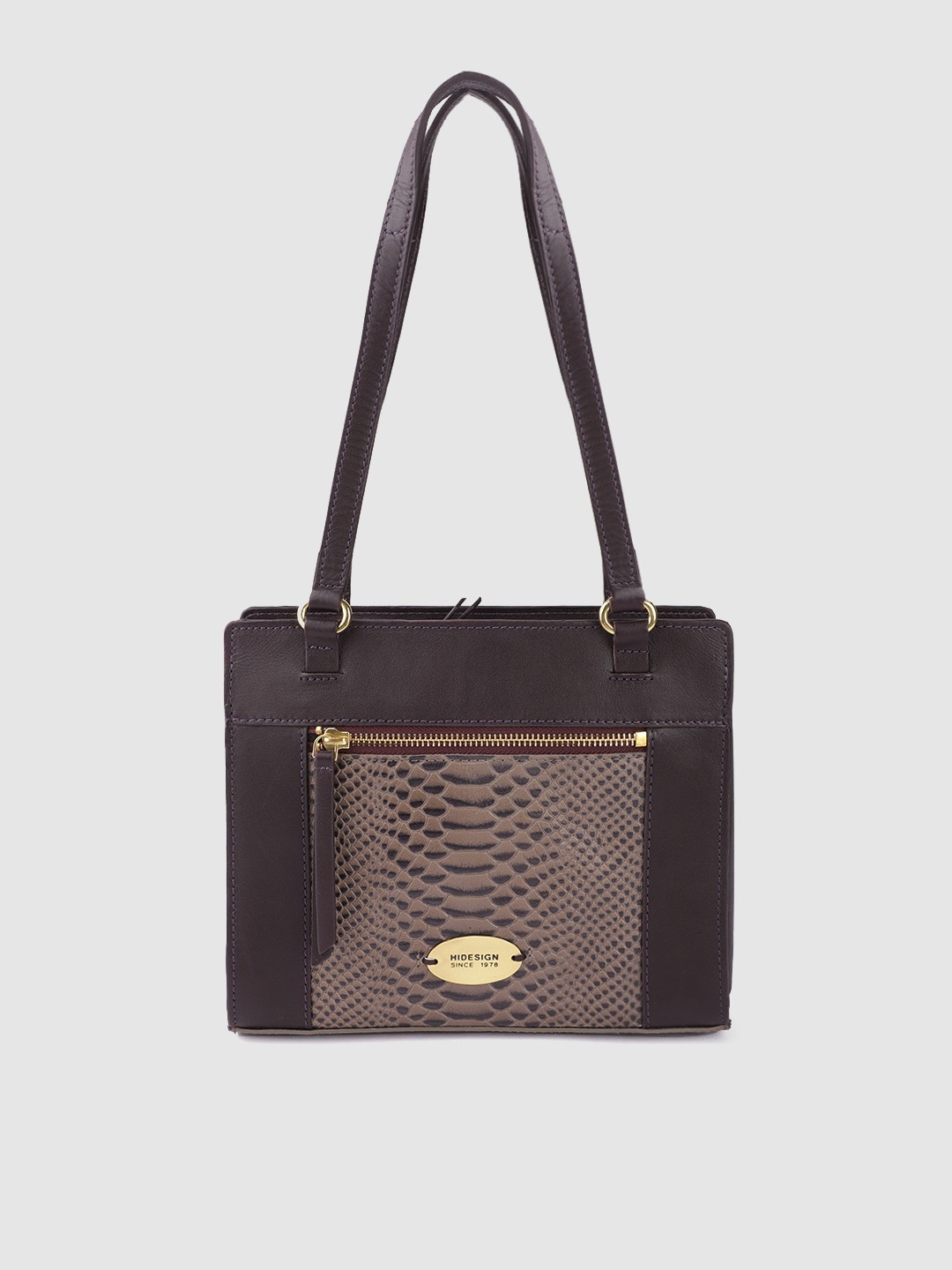 

Hidesign Aubergine Snakeskin Textured Handcrafted Leather Structured Shoulder Bag, Purple