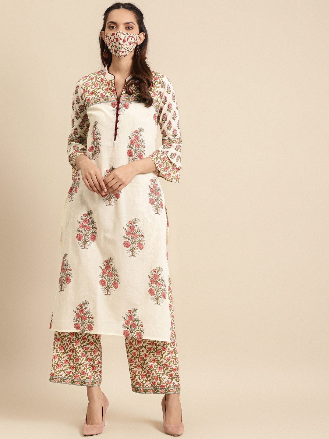 

RANGMAYEE Women Cream-Coloured & Pink Printed Cotton Kurta with Palazzos & Matching Mask